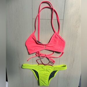 JOLYN Neon Bikini Set. Coral Top (X-Small); Lime Green Bottoms (Small).